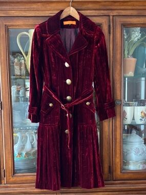 Cynthia Steffe Deep Red Velvet Trench Coat with Gold Buttons